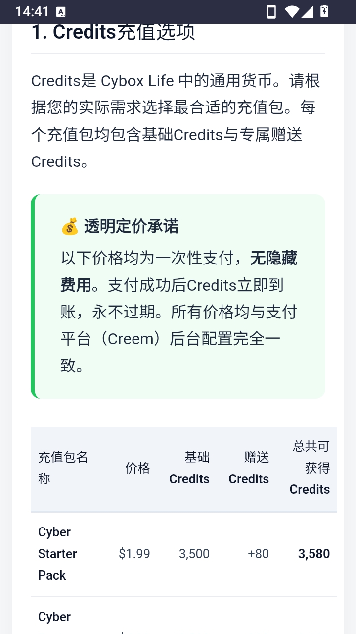 Credits 充值选项页